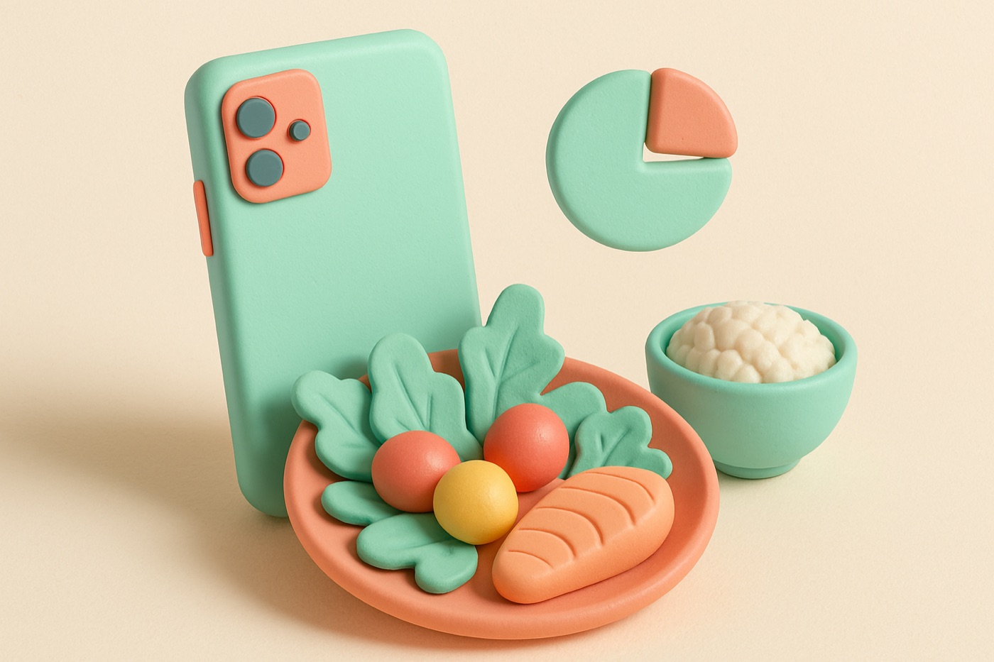 Clay-style illustration of a phone leaning on a plate with salad, rice and salmon next to a small ring chart