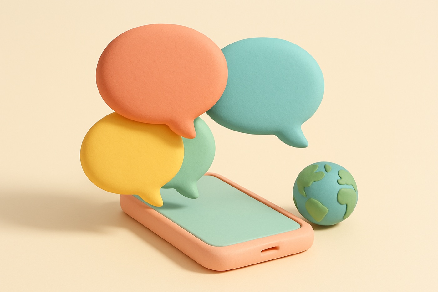 Clay-style illustration of colorful speech bubbles floating above a phone next to a small globe