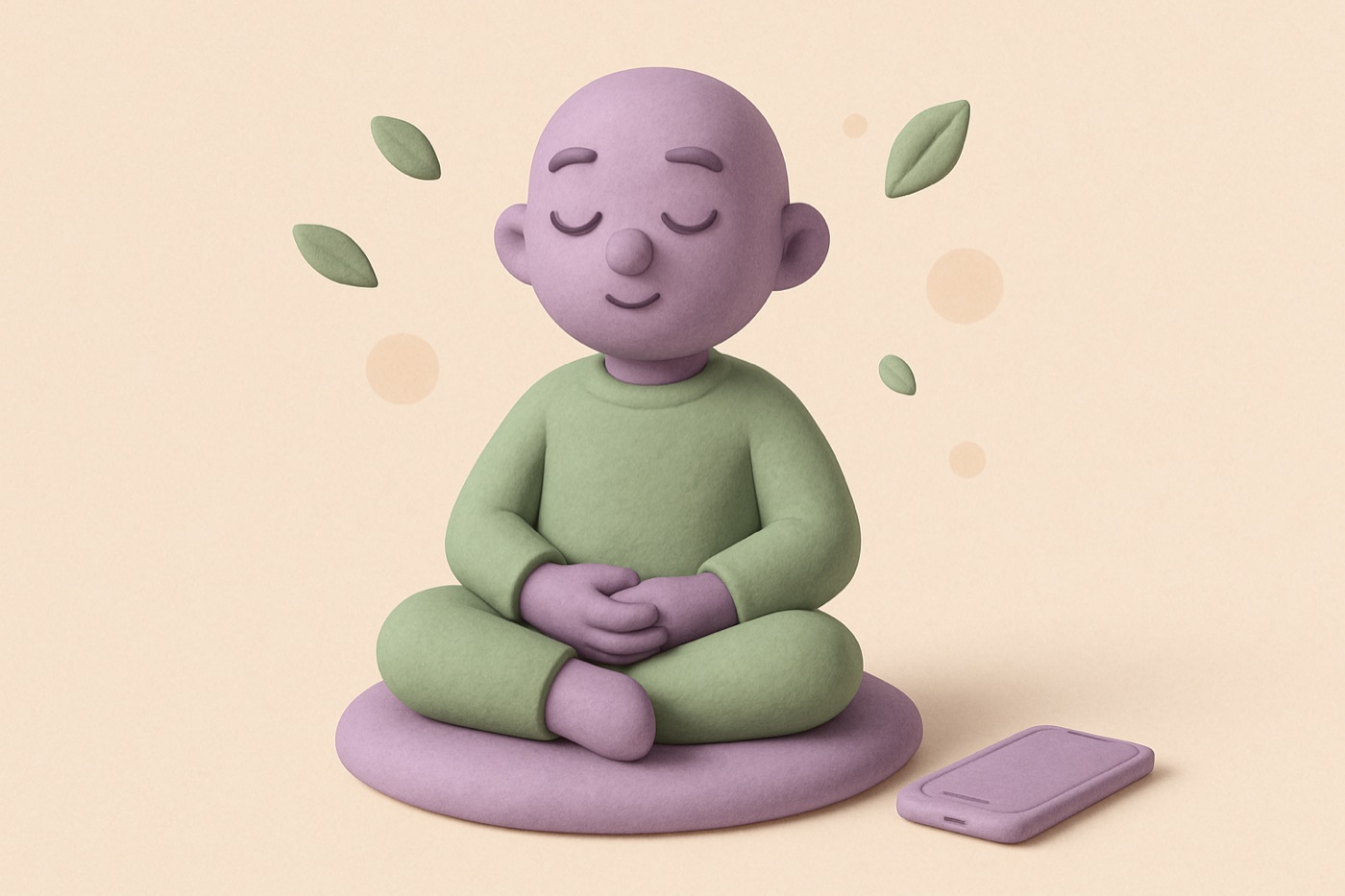 Clay-style illustration of a figure meditating on a round cushion with floating leaves and a phone on the floor