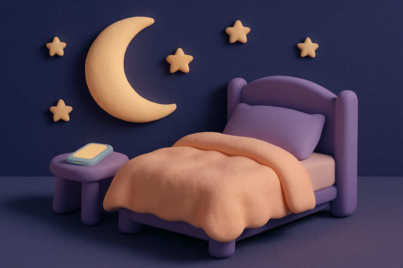Clay-style illustration of a cozy bed under a crescent moon and stars with a glowing phone on the nightstand
